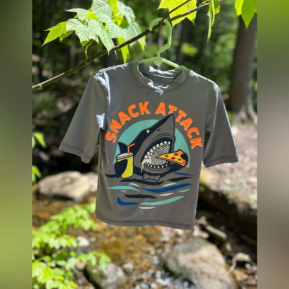 Shark Snack Attack Rash Guard Boys UPF Swim Top XS (4/5) Gray Pizza Cat & Jack